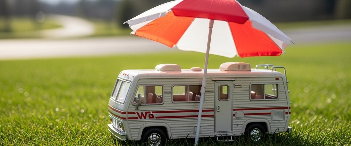Spielzeug-Wohnmobil wird von einem Sonnenschirm geschützt